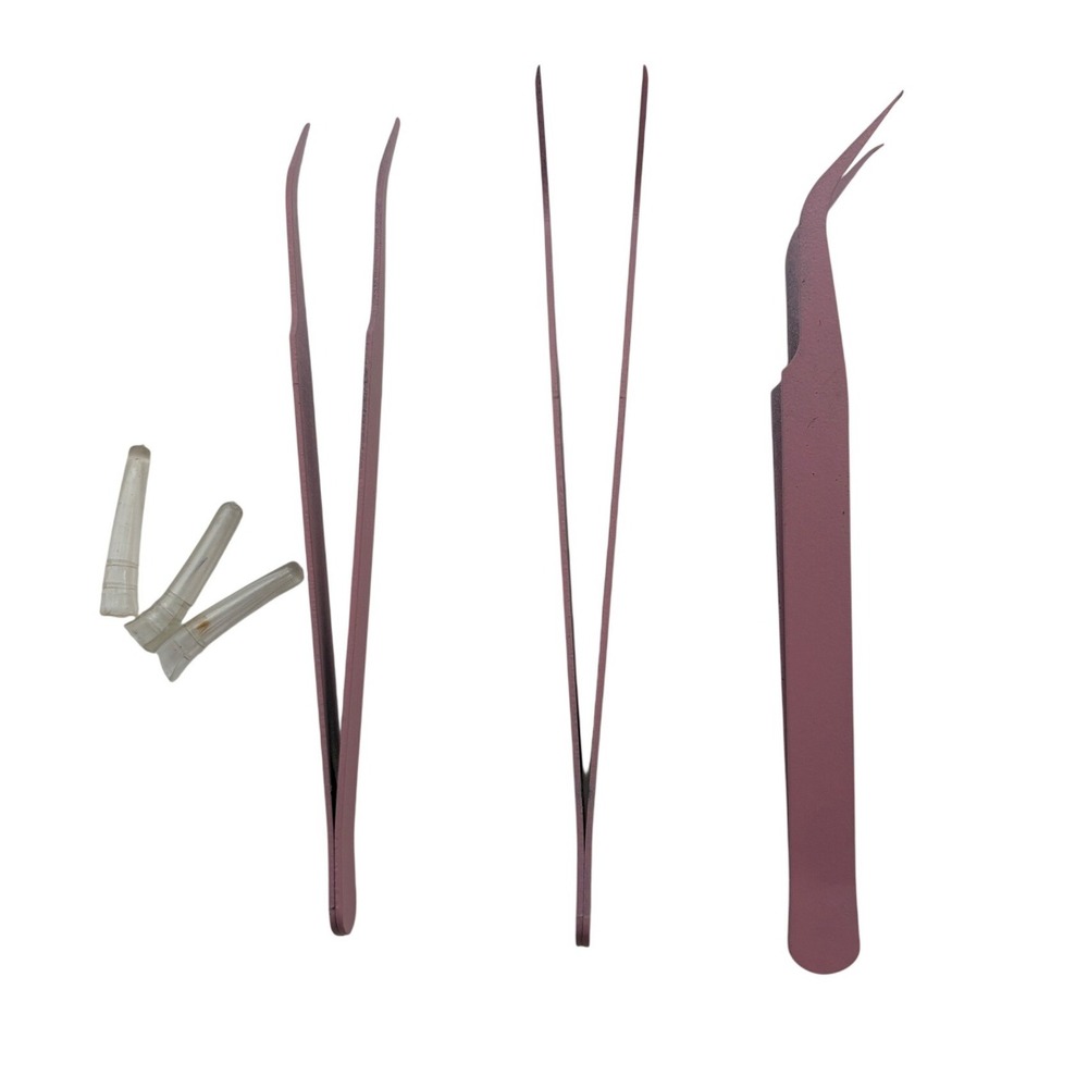 3pc Pink Precision Tweezers Set Fine Point Curved Angular Crafting Jewelry Model